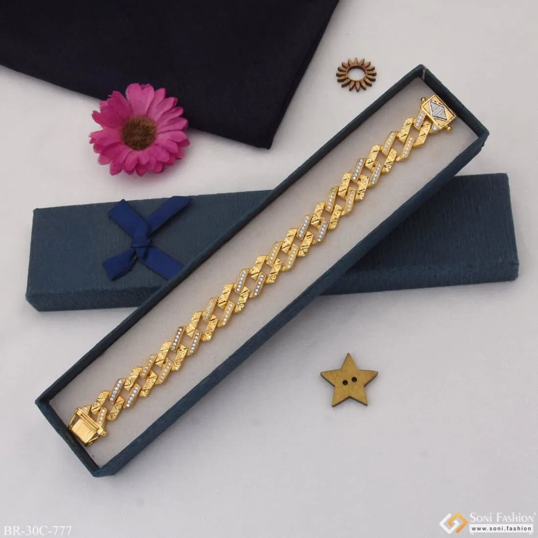 1 Gram Gold Plated With Diamond Fashionable Design Bracelet For Men - Style C777