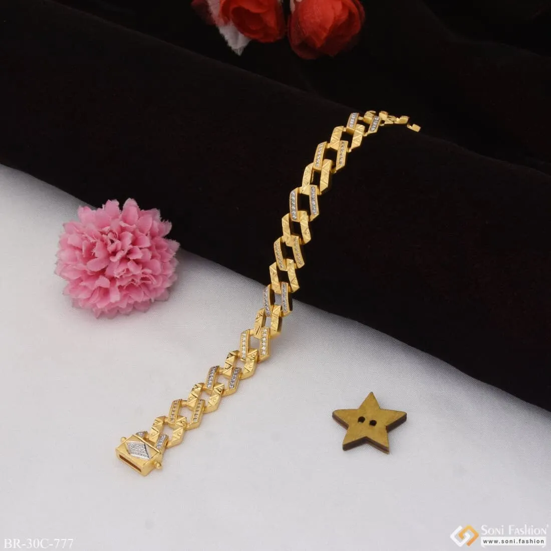 1 Gram Gold Plated With Diamond Fashionable Design Bracelet For Men - Style C777