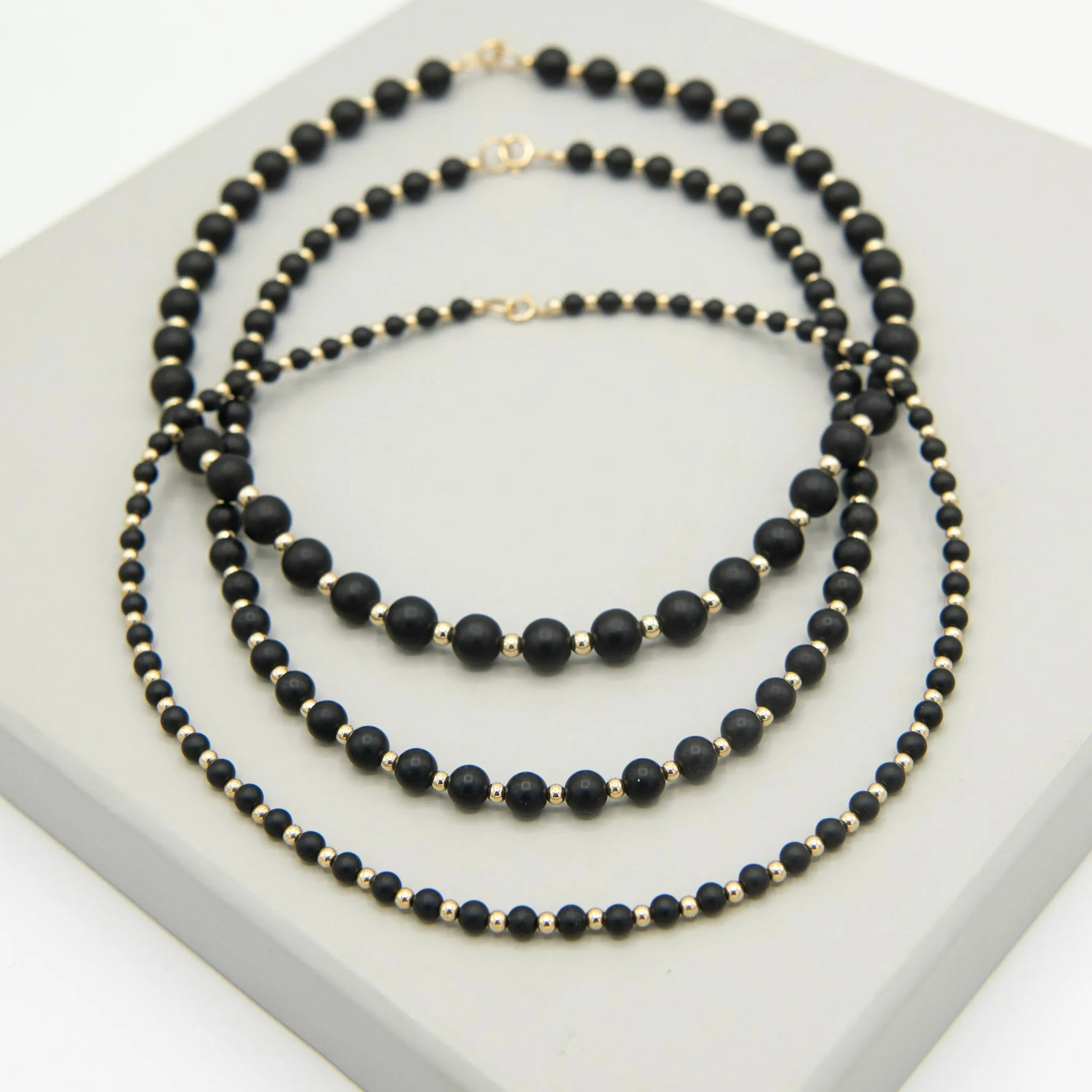 10mm Matte Black Onyx & 14k Gold Filled Beaded Necklace