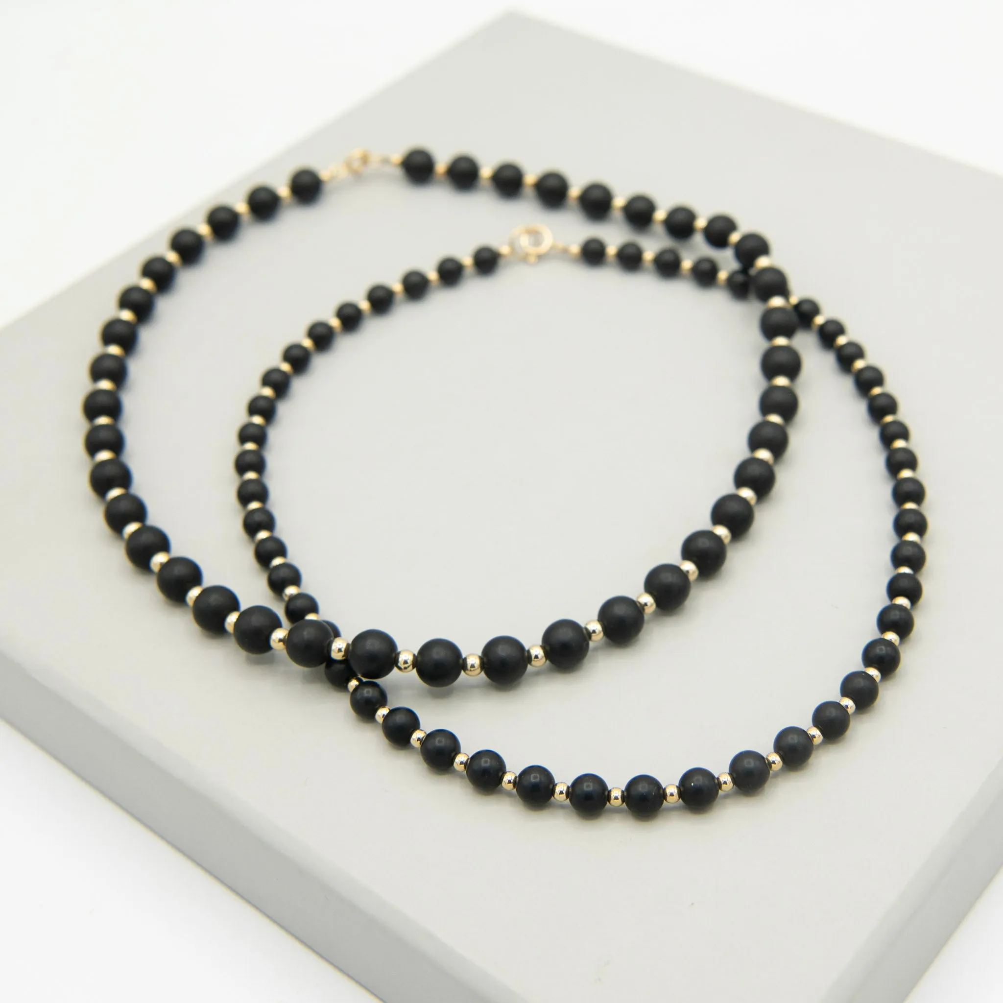 10mm Matte Black Onyx & 14k Gold Filled Beaded Necklace