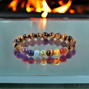 7 CHAKRA & Tiger Eye Yellow Golden Brown Custom Size Gold Spacers Round Smooth Stretch Natural Gemstone Crystal Energy Bead Bracelet