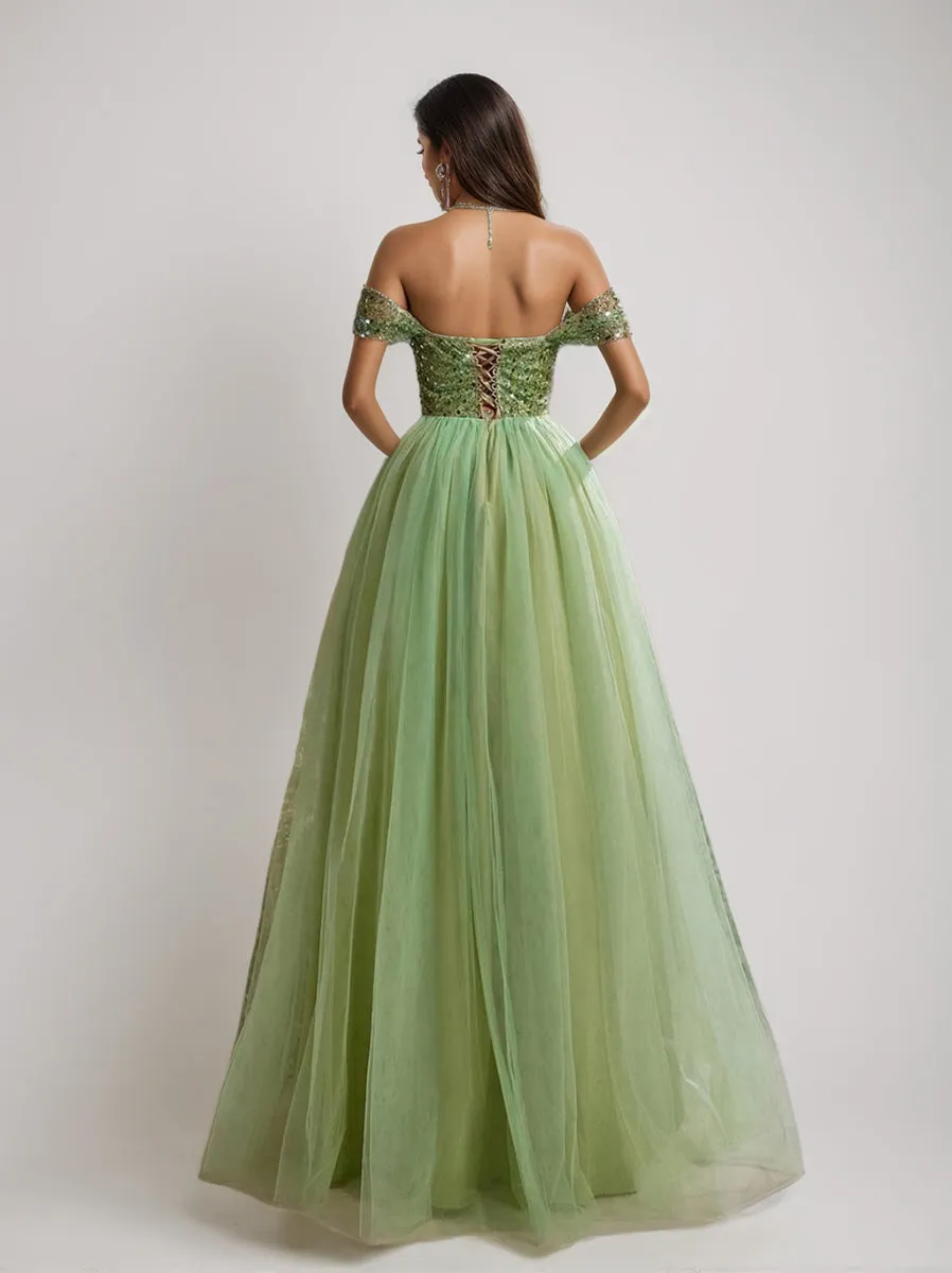 A-Line/Princess Off-the-Shoulder Sleeveless Tulle Luxurious Prom Dresses with Sequins