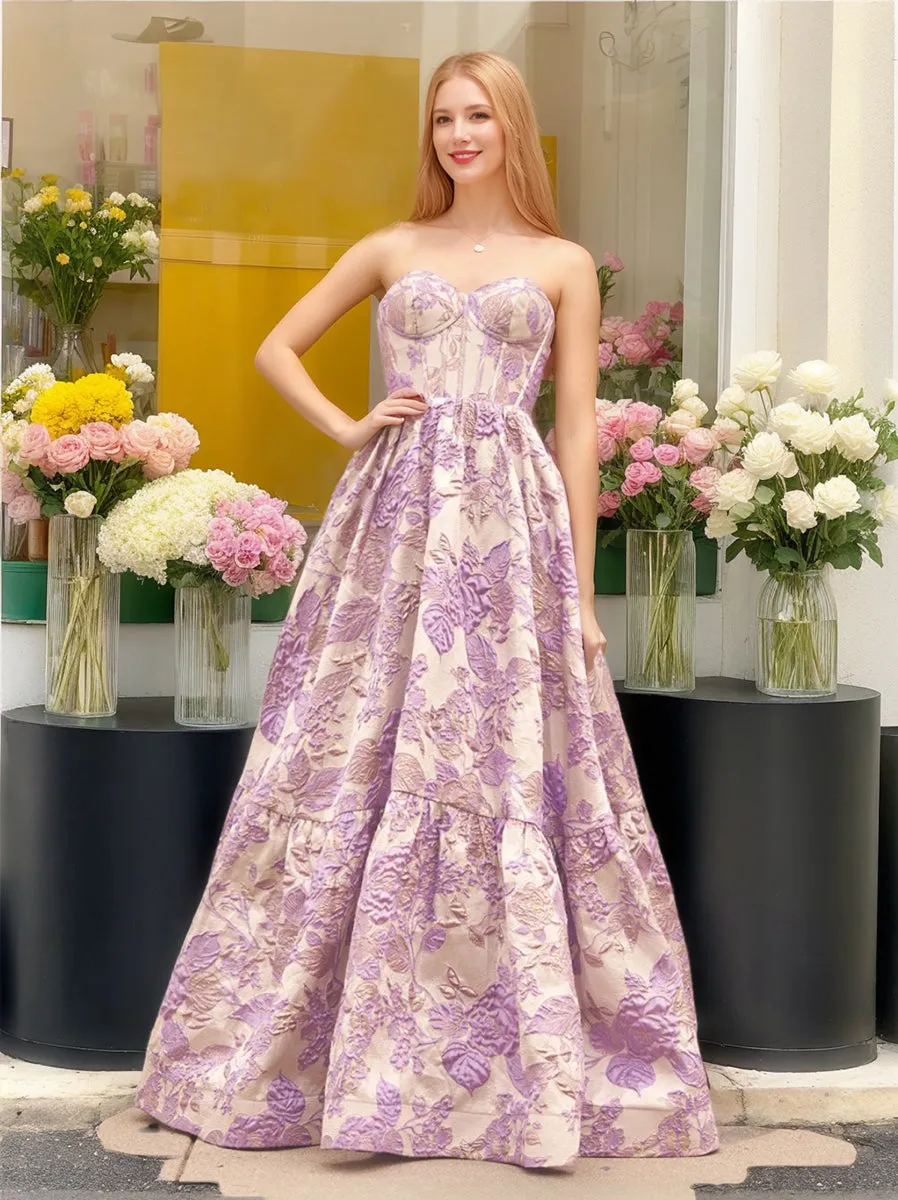 A-Line/Princess Spaghetti Straps Floor-Length Printed Floral Prom Dresses with Lace-Up & Appliques