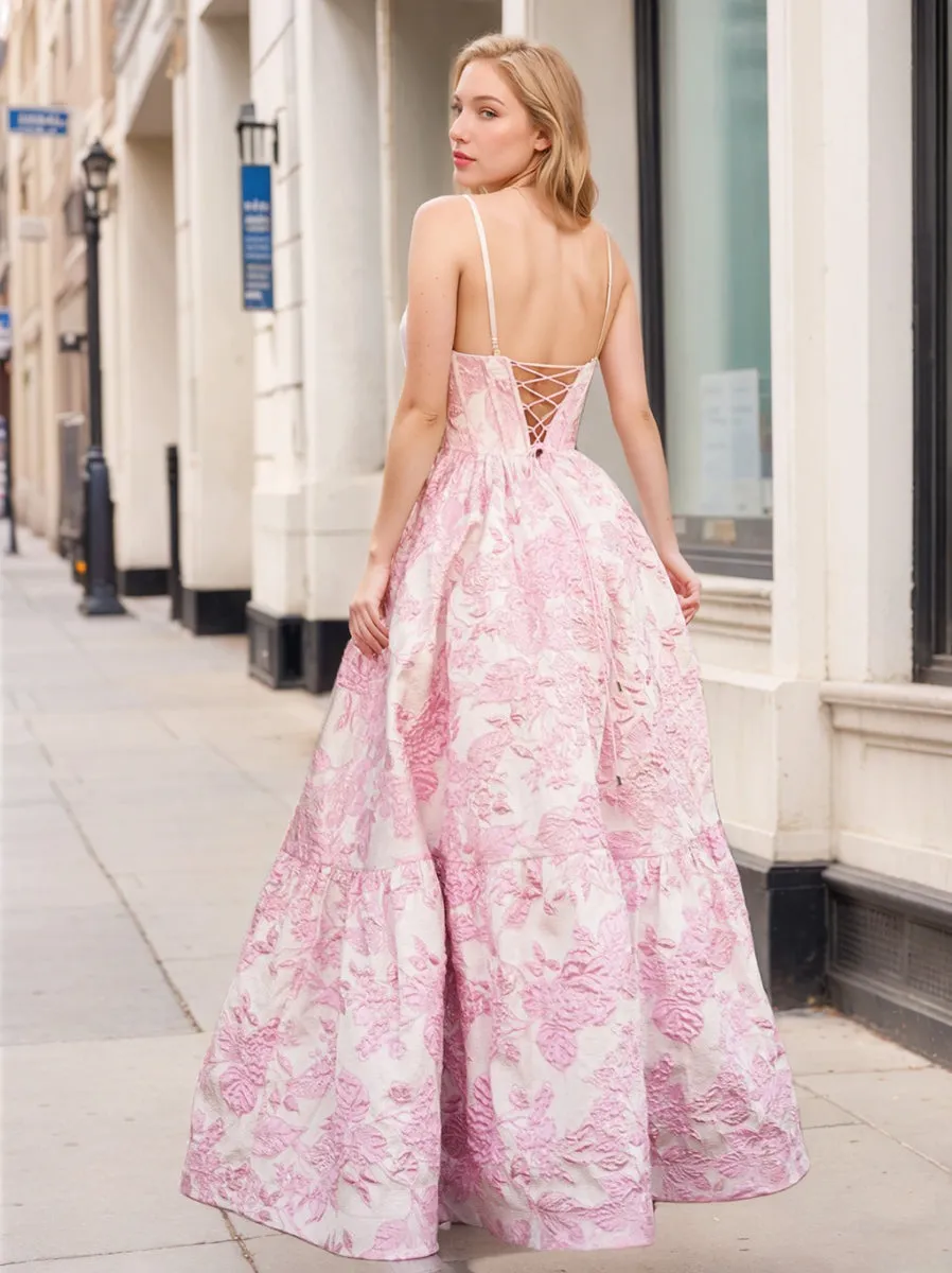 A-Line/Princess Spaghetti Straps Floor-Length Printed Floral Prom Dresses with Lace-Up & Appliques