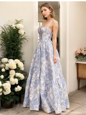 A-Line/Princess Spaghetti Straps Floor-Length Printed Floral Prom Dresses with Lace-Up & Appliques
