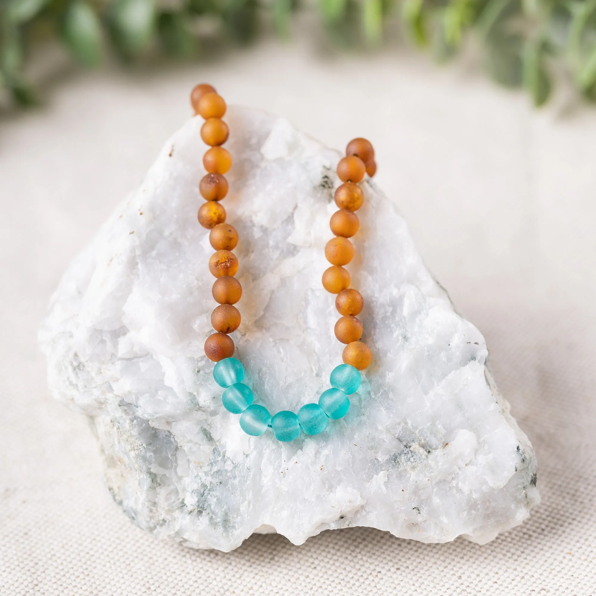 Adults | Aqua Sea Glass   Raw Cognac Amber Necklace