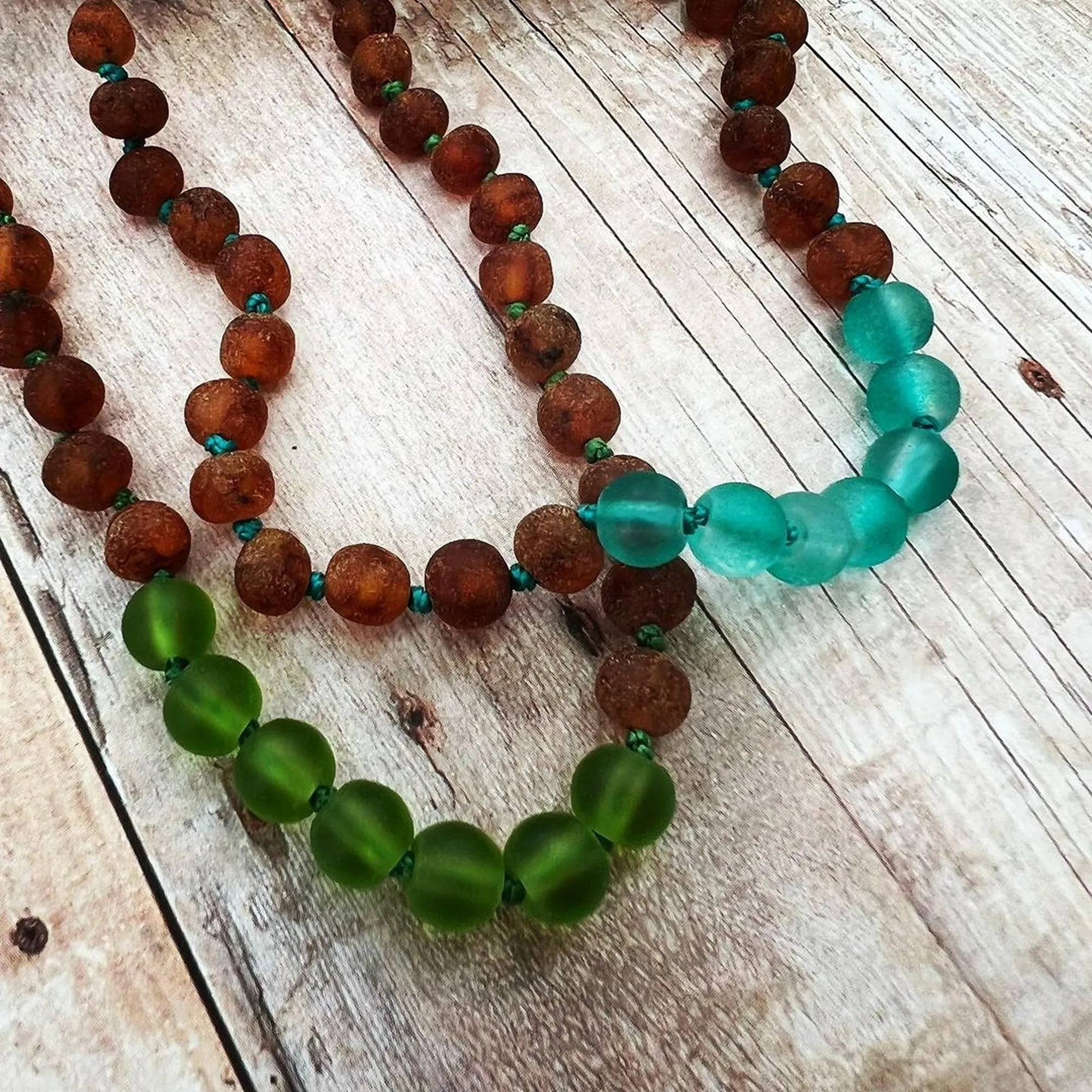 Adults | Aqua Sea Glass   Raw Cognac Amber Necklace