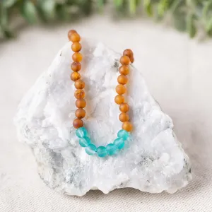 Adults | Aqua Sea Glass   Raw Cognac Amber Necklace