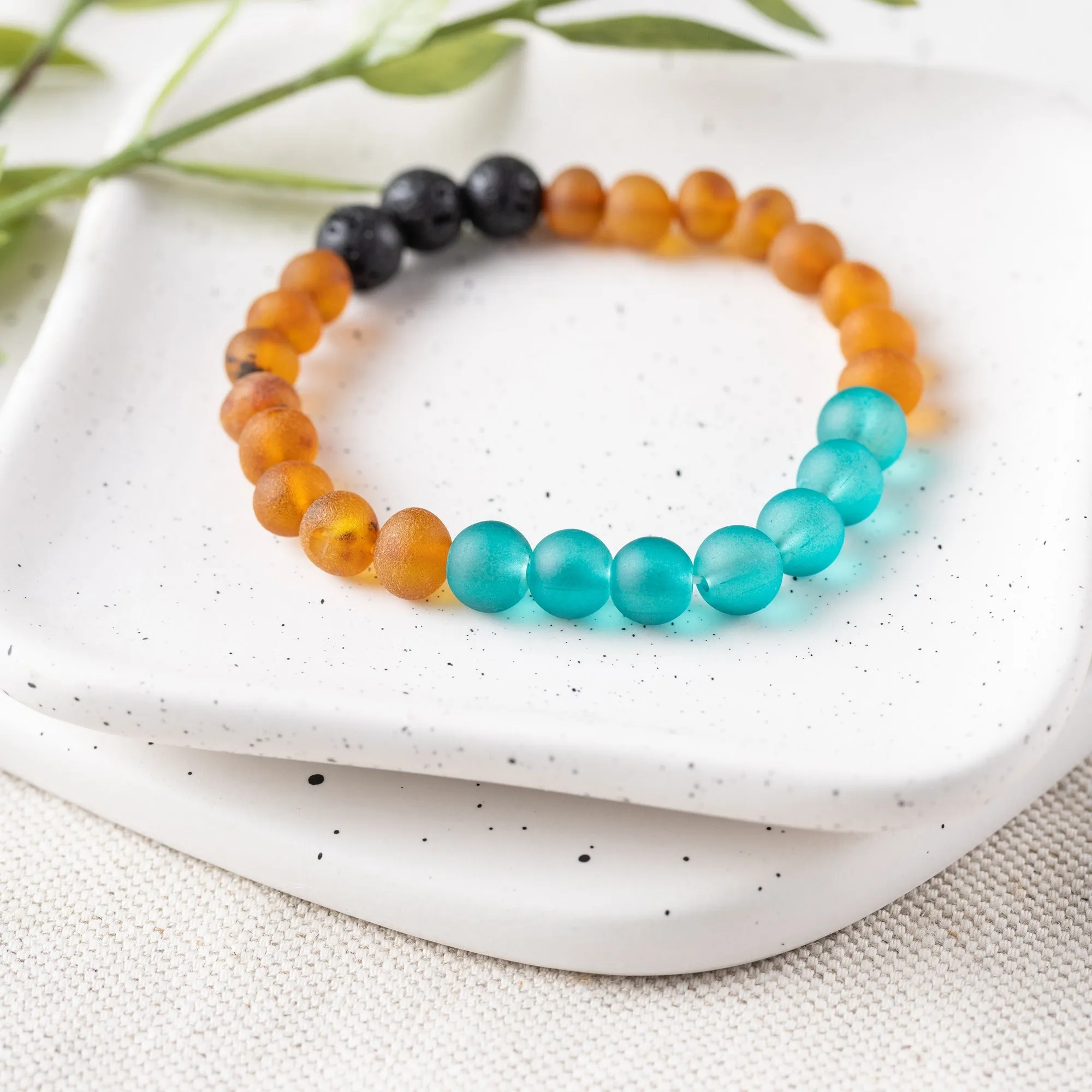 Adults | Aqua Sea Glass   Raw Cognac Aromatherapy Bracelet