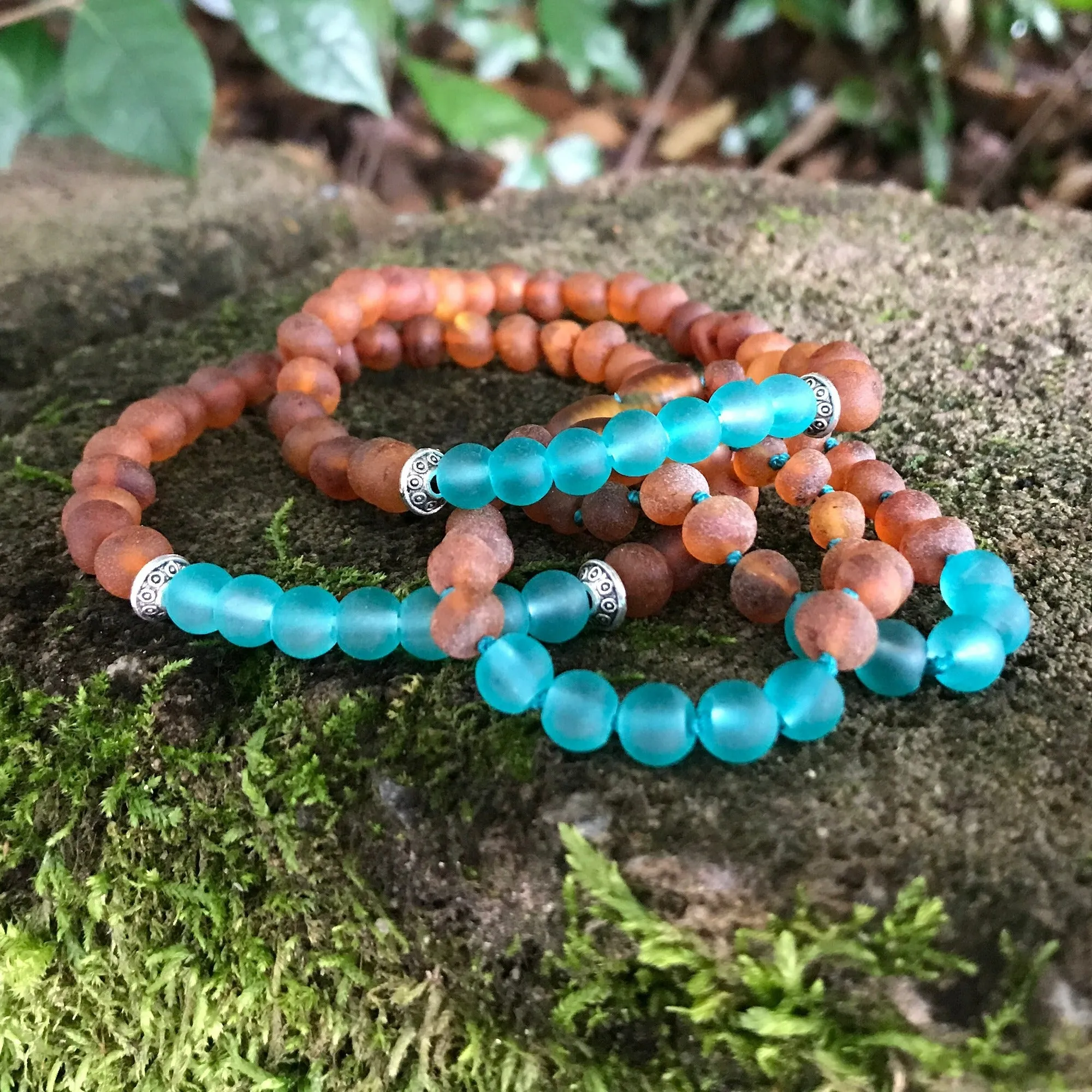 Adults | Aqua Sea Glass   Raw Cognac Aromatherapy Bracelet