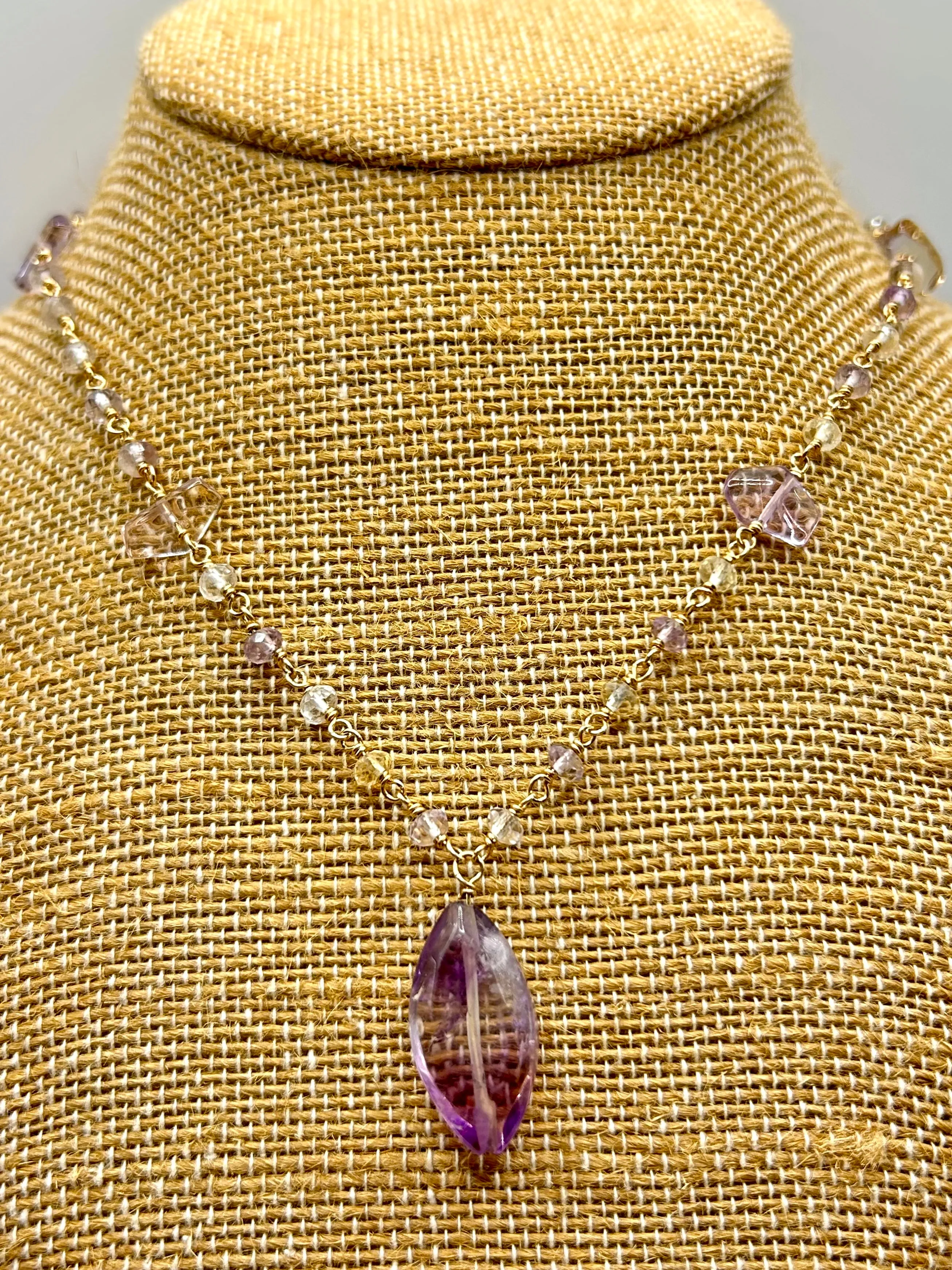 Ametrine 14k Gold Fill Chain Link Gemstone Wire Wrapped Necklace