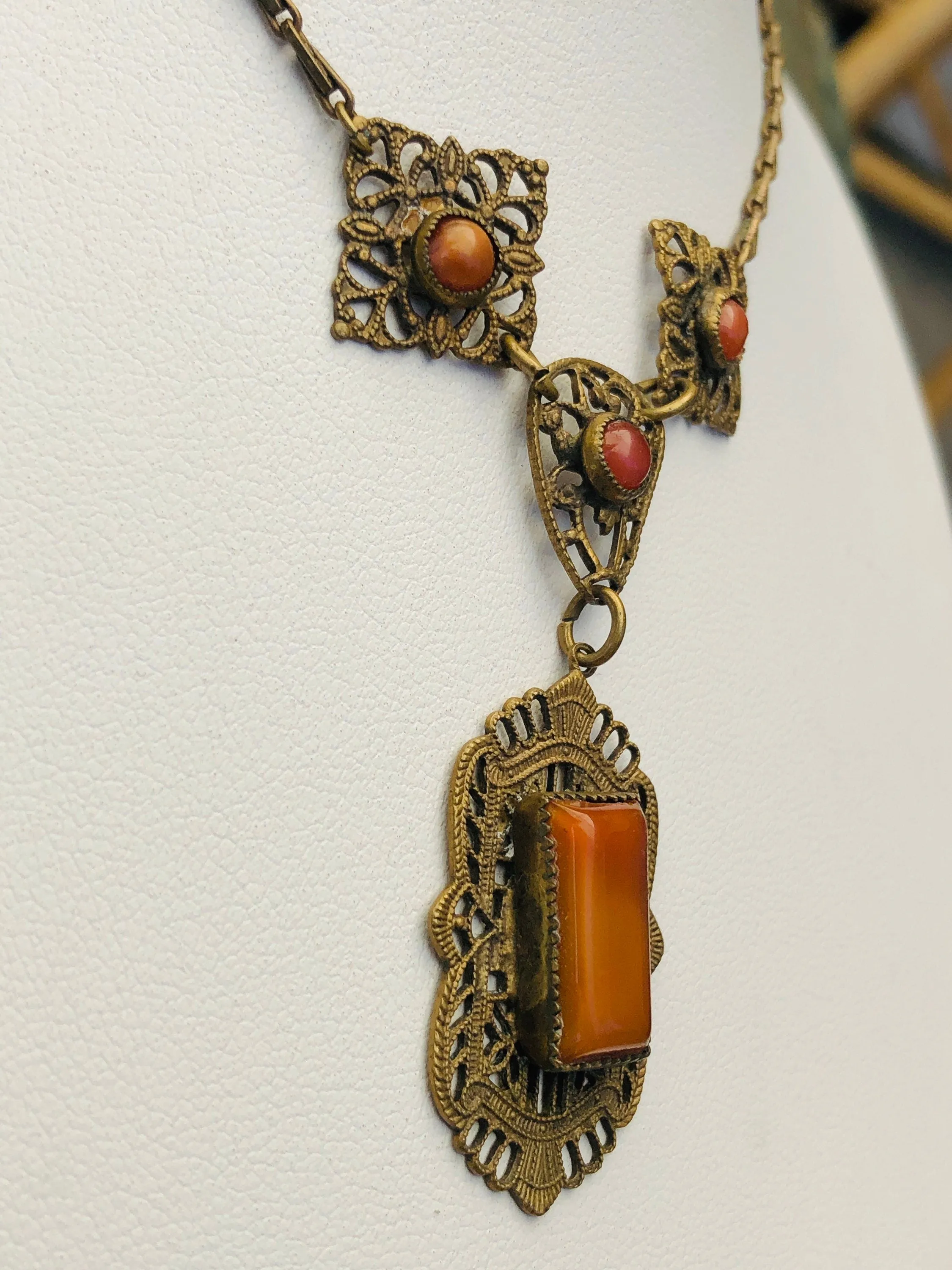 Art Nouveau Marbled Burnt Orange Citrine Art Glass Brass Filigree Necklace