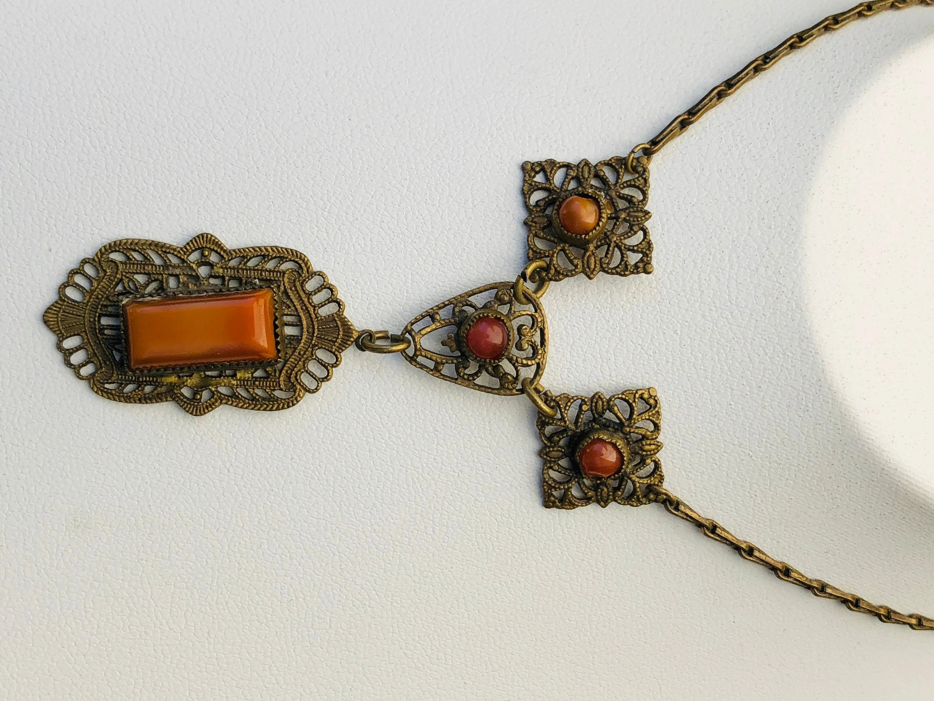 Art Nouveau Marbled Burnt Orange Citrine Art Glass Brass Filigree Necklace