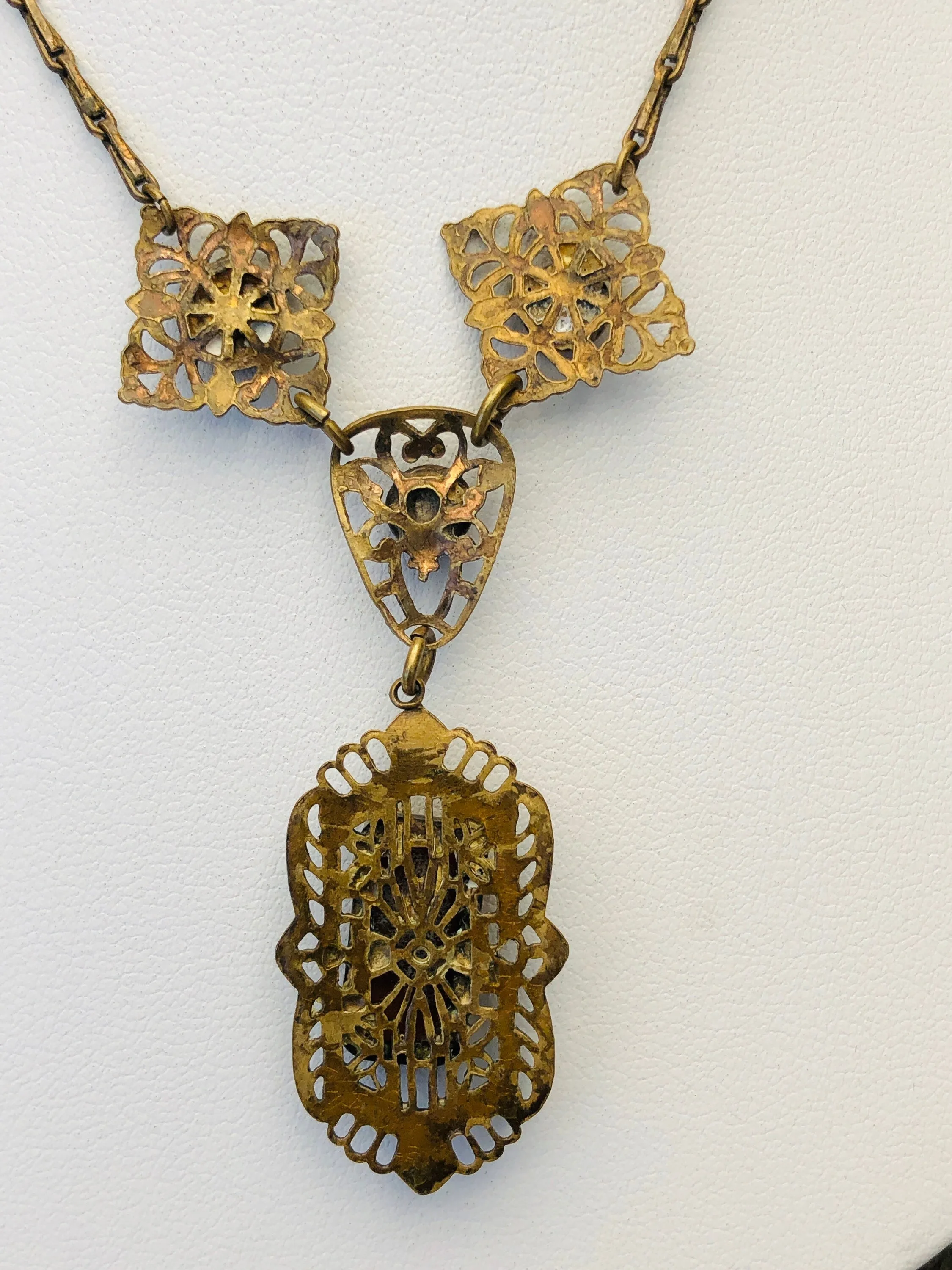 Art Nouveau Marbled Burnt Orange Citrine Art Glass Brass Filigree Necklace