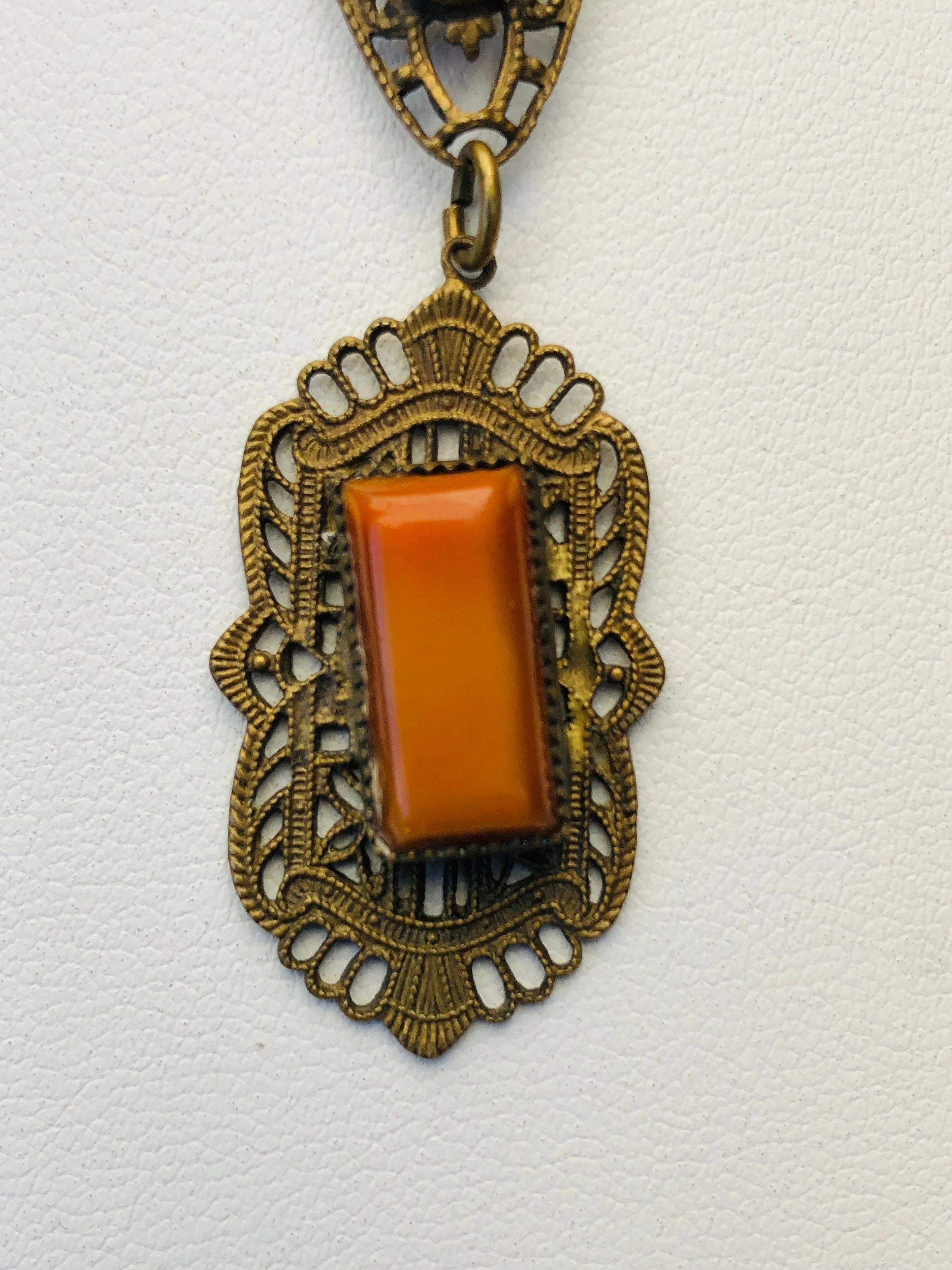 Art Nouveau Marbled Burnt Orange Citrine Art Glass Brass Filigree Necklace