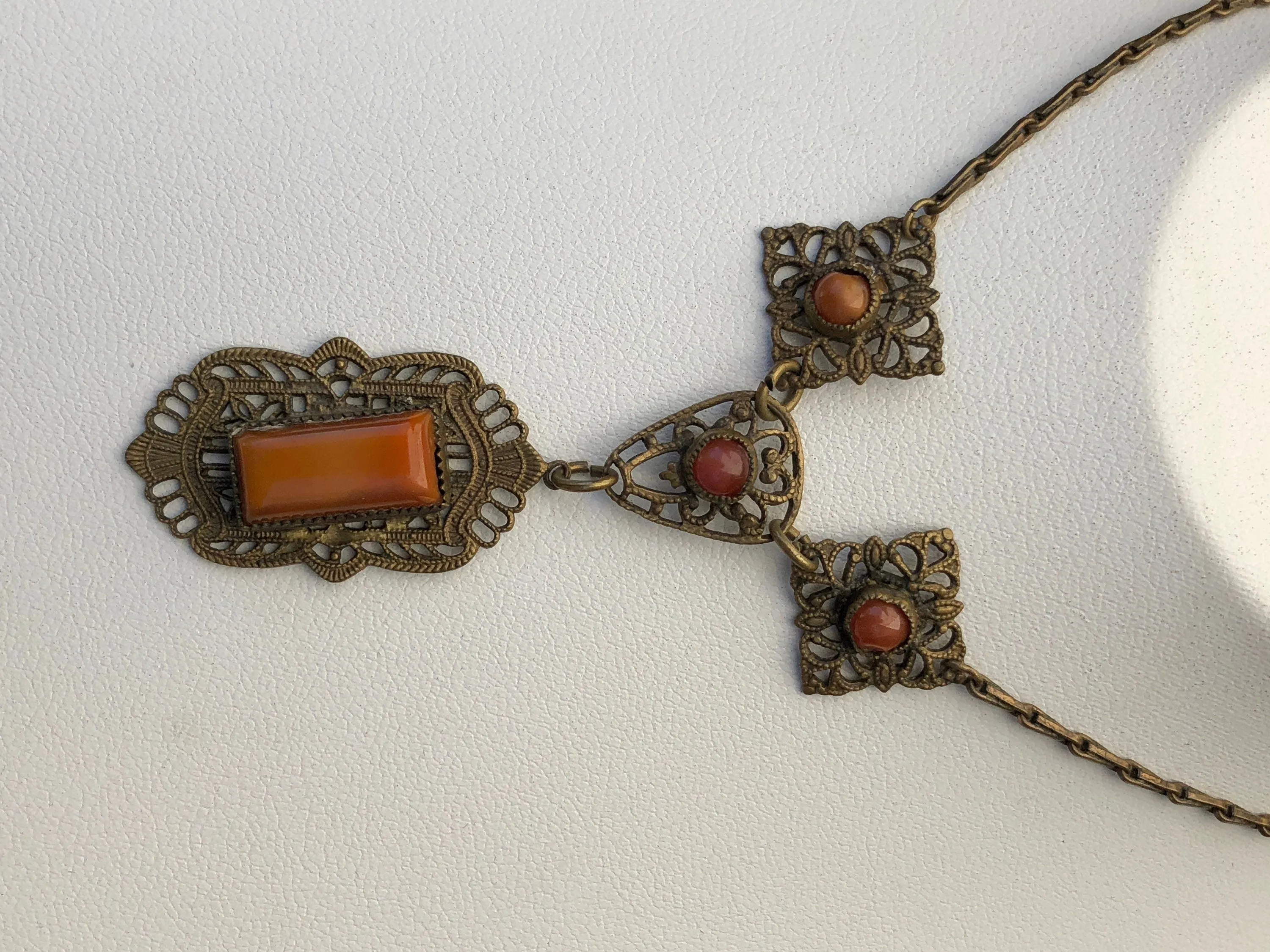 Art Nouveau Marbled Burnt Orange Citrine Art Glass Brass Filigree Necklace