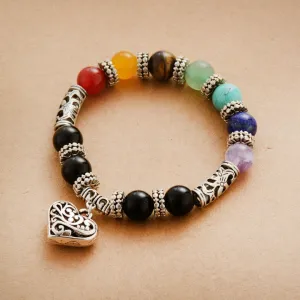Boho Bracelet, Stretchy Bracelet, Black 7 Chakra
