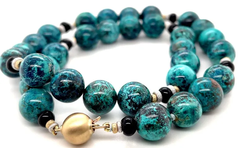 Chrysocolla and Onyx Beaded Necklace with 18k Yellow and White Gold Accents