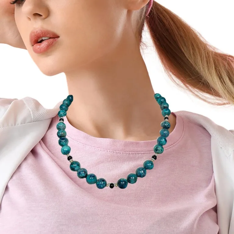 Chrysocolla and Onyx Beaded Necklace with 18k Yellow and White Gold Accents