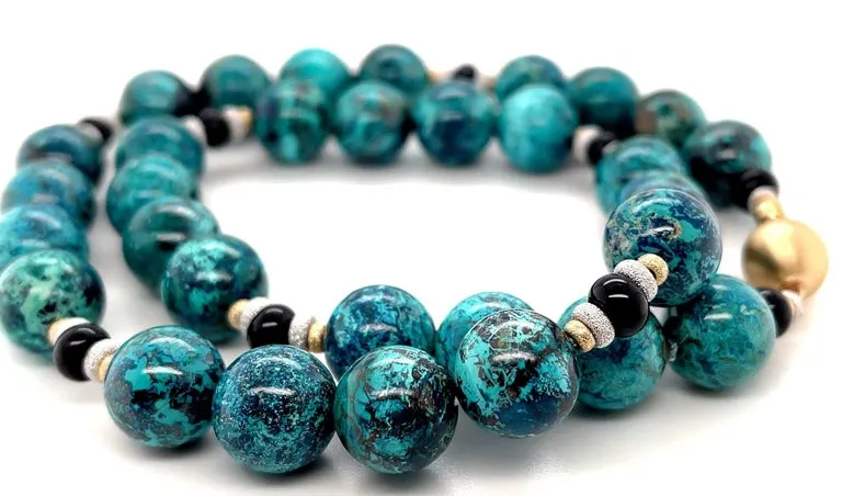 Chrysocolla and Onyx Beaded Necklace with 18k Yellow and White Gold Accents