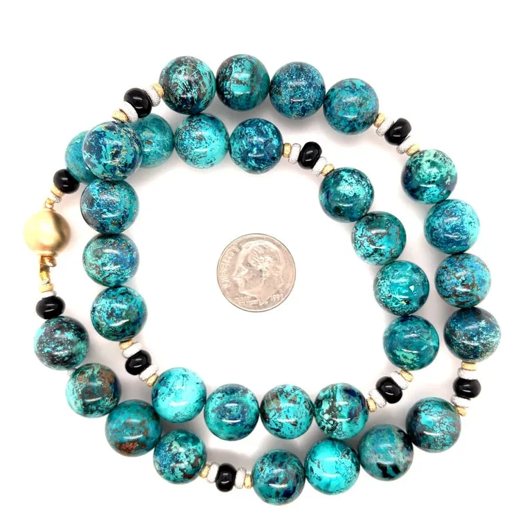 Chrysocolla and Onyx Beaded Necklace with 18k Yellow and White Gold Accents