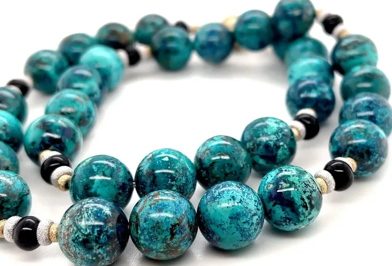 Chrysocolla and Onyx Beaded Necklace with 18k Yellow and White Gold Accents