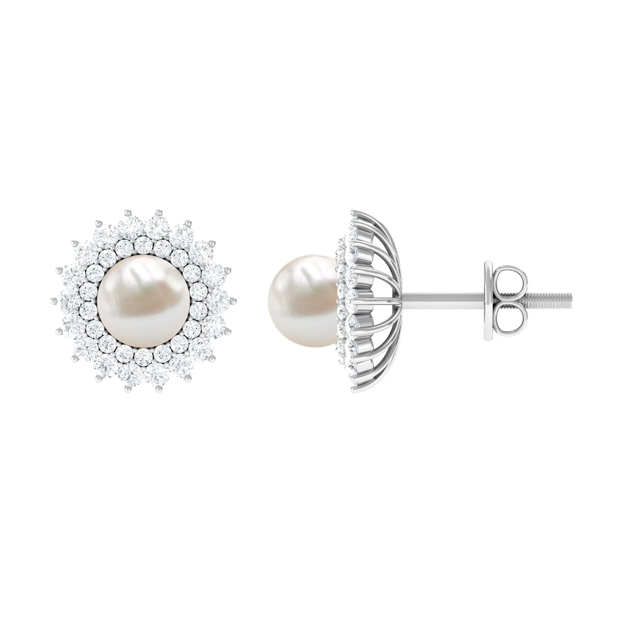 Freshwater Pearl Statement Stud Earrings with Diamond Double Halo