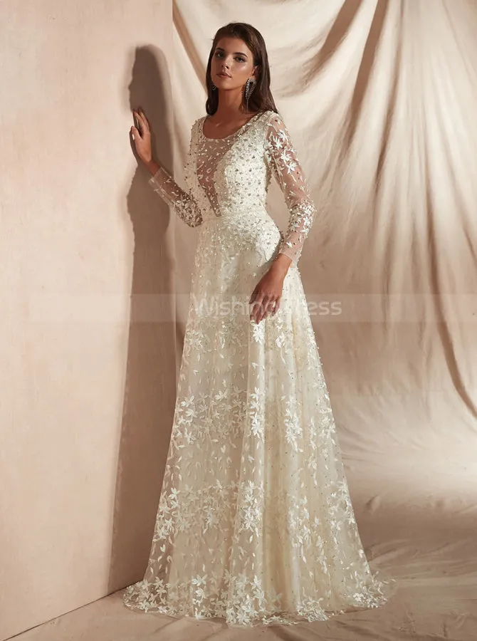 Lace Wedding Dresses with Long Sleeves,Ivory Luxurious Wedding Dress,WD00362