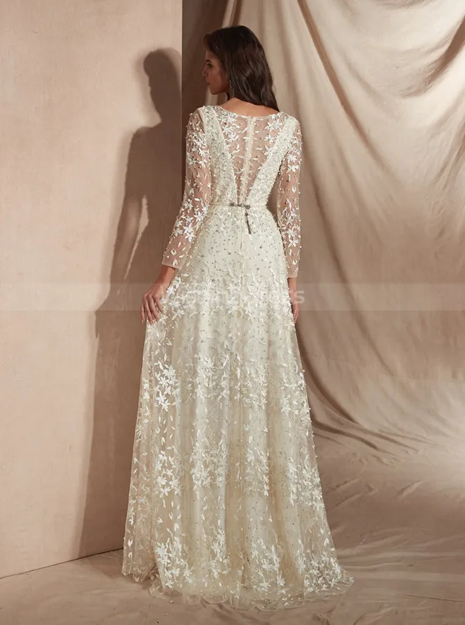 Lace Wedding Dresses with Long Sleeves,Ivory Luxurious Wedding Dress,WD00362