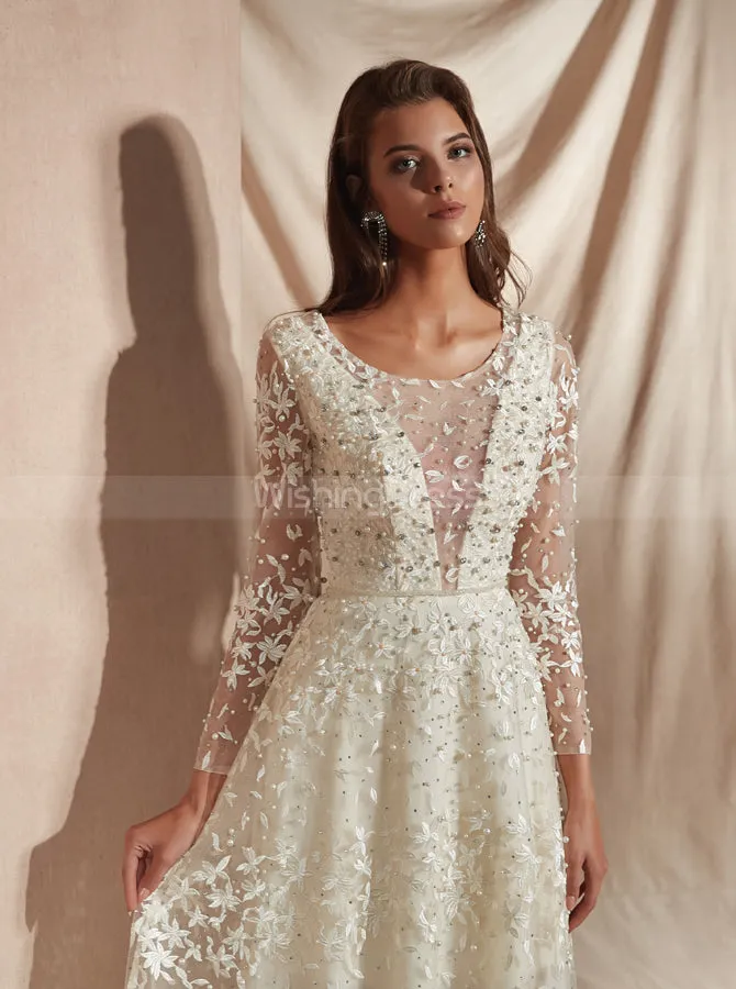 Lace Wedding Dresses with Long Sleeves,Ivory Luxurious Wedding Dress,WD00362