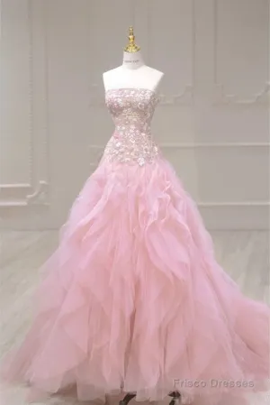 Luxurious Ball Gown Strapless Pink Tulle Long Prom Dress