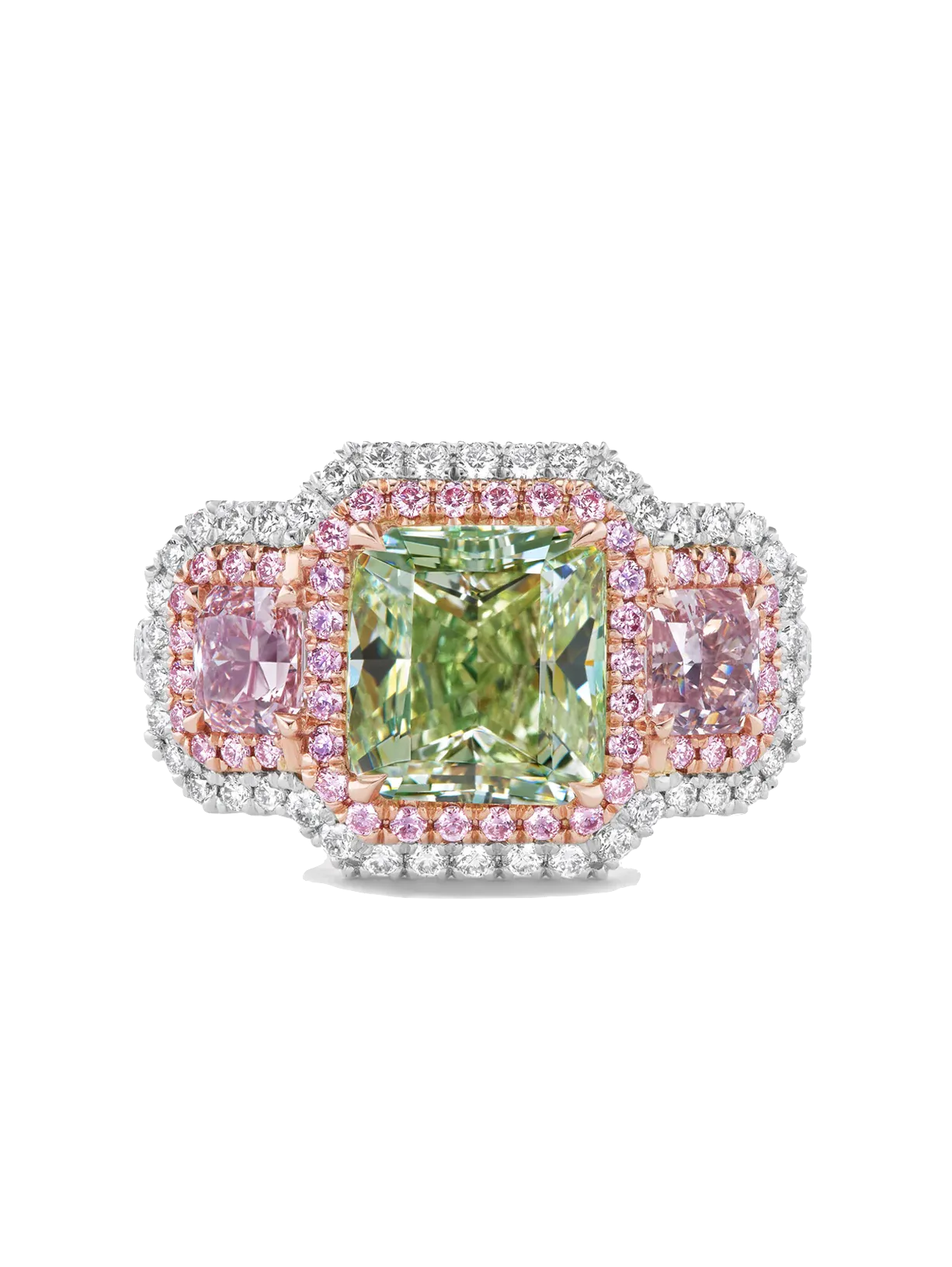 Pink and Green Diamond Three Stone Ring