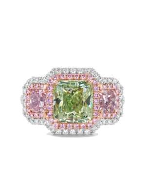 Pink and Green Diamond Three Stone Ring