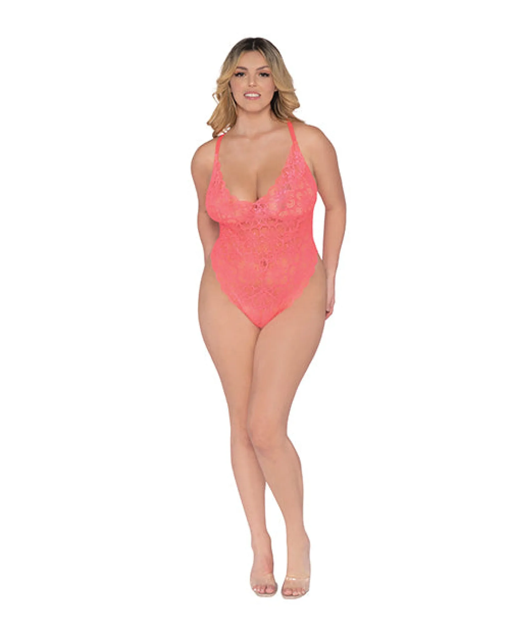 Smply Sxy Strtch Lace Teddy (modified) & Sheer Mesh Maxi Skrt W/adjstabl Strps & G-strng Coral