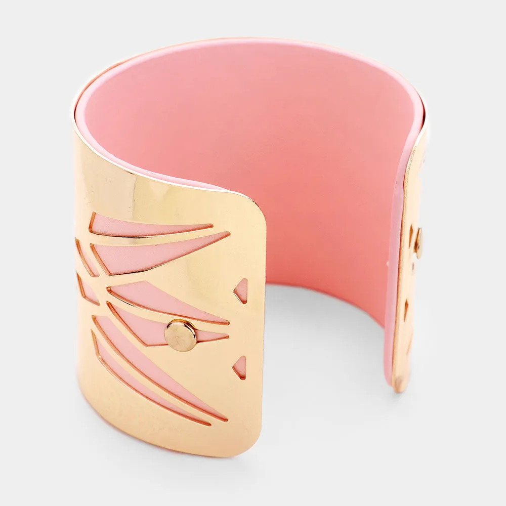 Vegan Leather GEOMETRIC Laser Cut Filigree Cuff Bracelet Pink