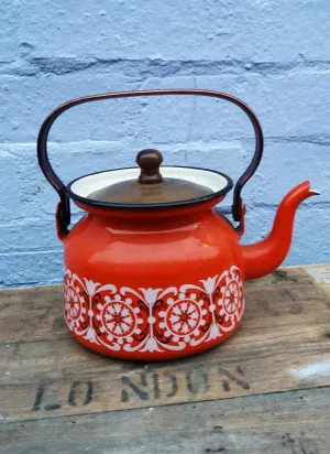 Vintage Finel Red Enameled Tea Kettle Pot with Danish Tulip Design