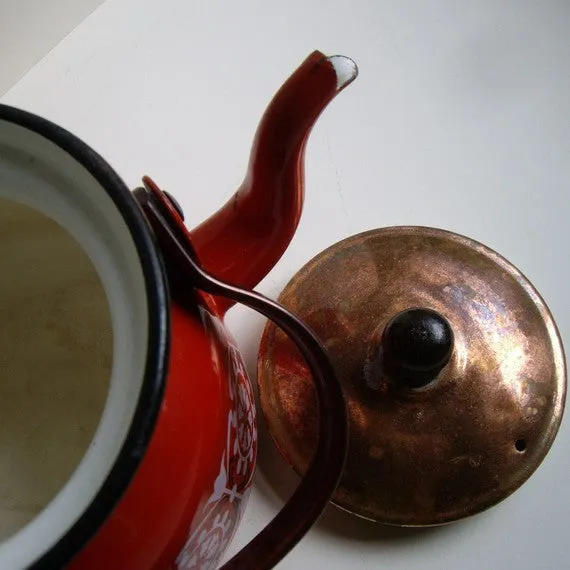 Vintage Finel Red Enameled Tea Kettle Pot with Danish Tulip Design