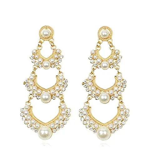 Yellow Chimes Danglers Earrings for Women Traditional Pearl Gold Plated Long Danglers Earrings for Women and Girls